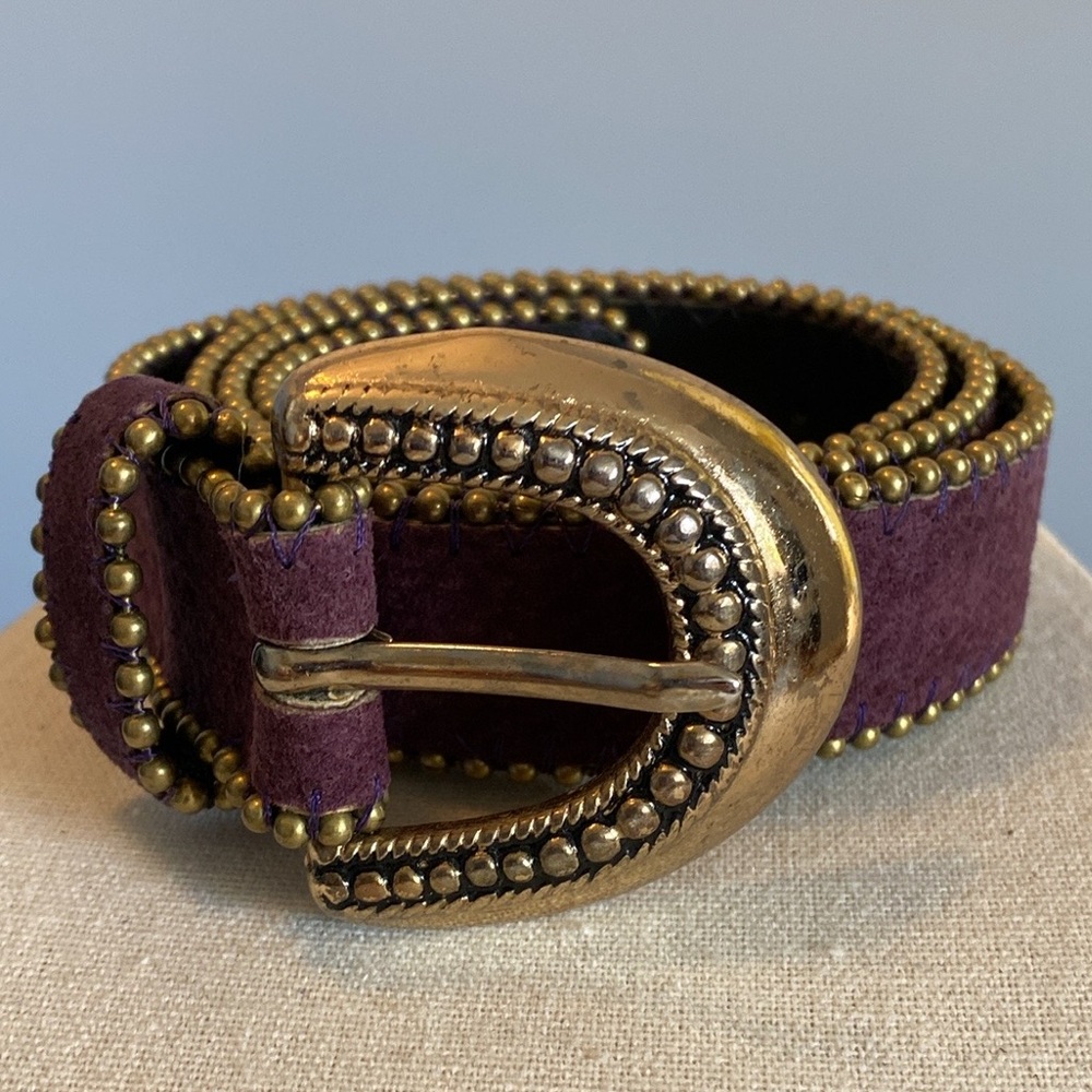 Western Aubergine Genuine Suede Belt with Gold Accents